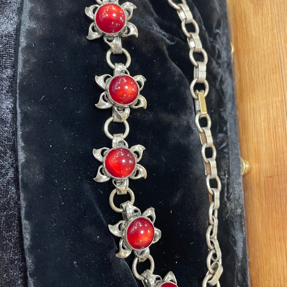 Vintage 1950’s Silver and Red Resin bead Necklace in floral setting.
